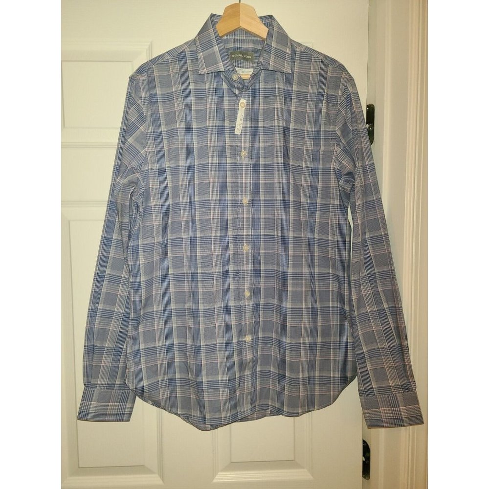 Mens Michael Kors Dress Shirts Button Down Navy Multi Color Slim Fit 15 1/2 34-3
